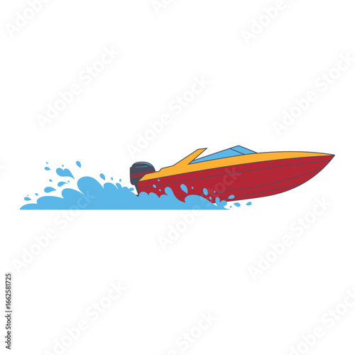 A red and yellow speedboat with a powerful engine creates a large splash as it speeds through the water, isolated on a