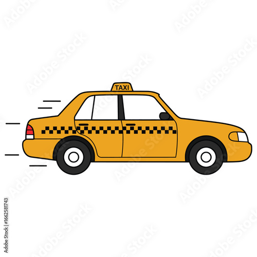 A classic yellow taxi cab with a checkerboard stripe is depicted in motion, suggesting speed and urban transportation, isolated on a