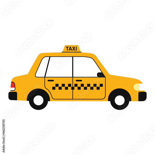 A yellow taxi cab with a checkered pattern and a roof light