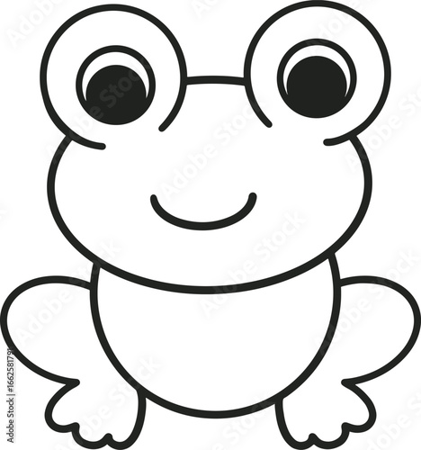 Black line drawing of a cartoon frog with big eyes