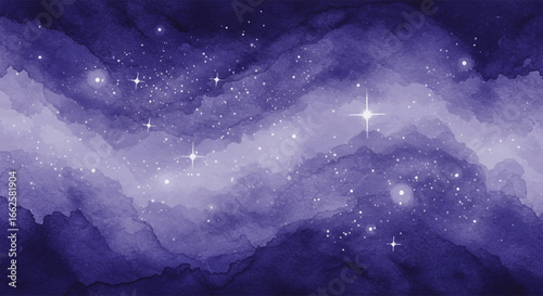 Dreamy watercolor painting of a magical purple galaxy with twinkling stars on a dark night sky background.