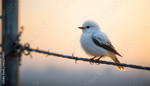 Fluffy White Bird Perched on Wire at Sunrise
