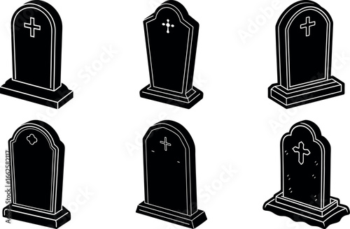Collection of Tombstone Silhouettes for Halloween or Gothic Designs in Black and White