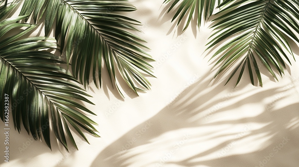 Naklejka premium Minimalist beach scene with several green palm leaves on pale sand, sunlight casting soft shadows