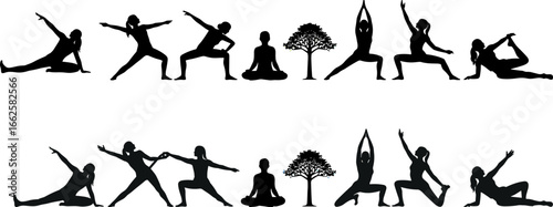 Yoga silhouette collection, women in yoga poses with meditation trees, fitness, wellness, exercise, stretching, balance, mindfulness, spiritual calm.