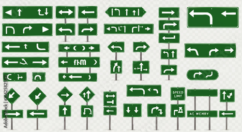 Collection of various green and white directional road signs with arrows pointing in different directions.