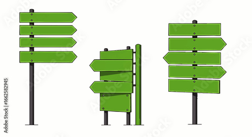 Three blank green directional signs, various styles, isolated on white background.
