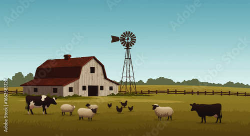 A picturesque rural scene featuring a weathered barn, livestock, and a classic windmill, set in a grassy field under a clear sky.