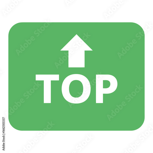 A green button with a white arrow pointing upwards and the word top, indicating direction or success, isolated on a