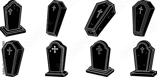 Collection of Black and White Coffin Illustrations with Crosses for Halloween