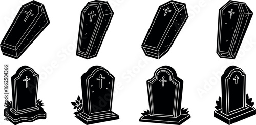 Collection of Coffin and Tombstone Illustrations for Halloween or Gothic Themes