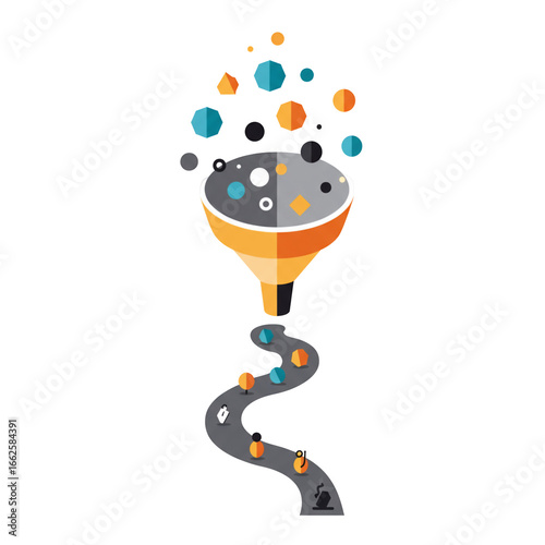 Abstract illustration of a data funnel visualizing a sustainable process.  Ideal for marketing, social media, and presentations. Features minimalist design and healthy lifestyle elements.