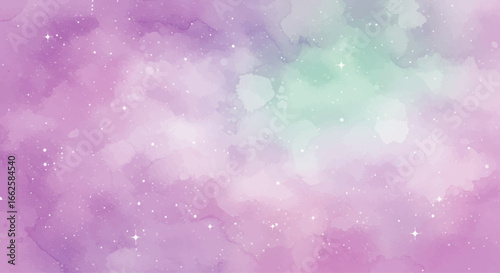 Abstract watercolor painting featuring soft, blended hues of purple, pink, and green, with subtle textures.