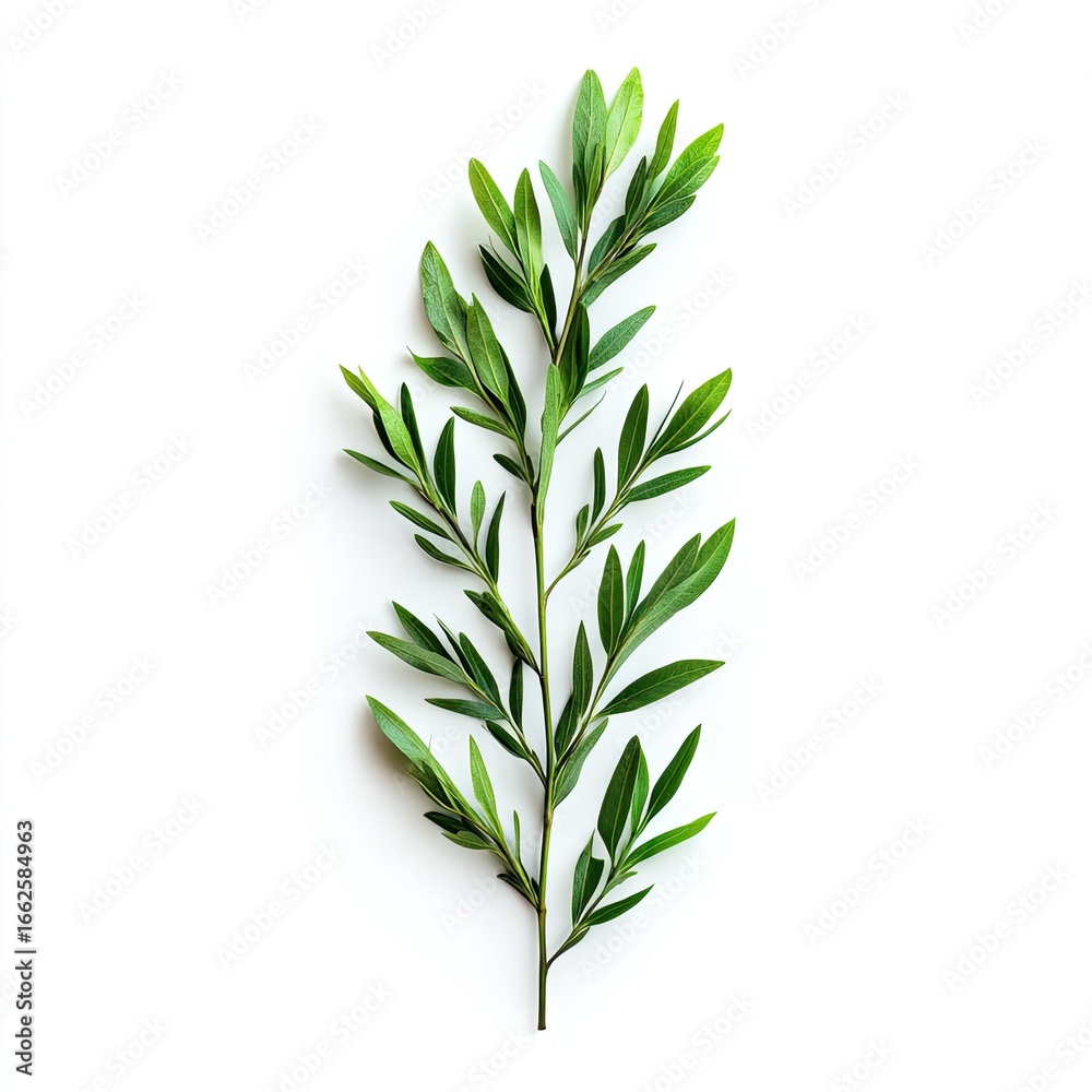 Fototapeta premium Fresh green branch with small leaves against white background