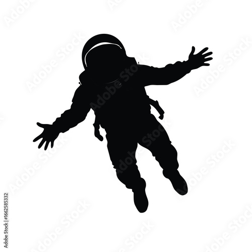 Silhouette of a spaceman floating in space with arms outstretched in freedom, astronaut reaching ut in space silhouette vector illustration