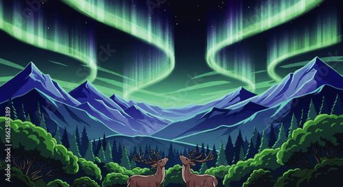 Two majestic deer gaze in awe at a vibrant, swirling aurora borealis illuminating a mountainous landscape.