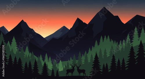 Two deer stand in a forest of evergreen trees at dusk, with mountains silhouetted against an orange and purple sky.