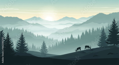 Serene sunrise over misty mountain valley, showcasing a tranquil forest and grazing deer.