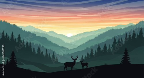 Silhouetted deer stand before a layered mountain range at sunset, enjoying the view.