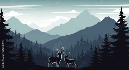Majestic deer couple in a serene mountain forest landscape. Vector illustration of a peaceful wilderness scene with layered hills.