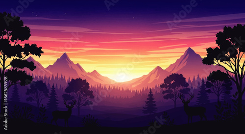 Digital painting of a vibrant sunset over a mountainous landscape with trees and wildlife silhouettes.
