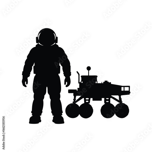 Silhouette of Astronaut with Rover on a White Background Scene, astronaut with space rover silhouette vector illustration