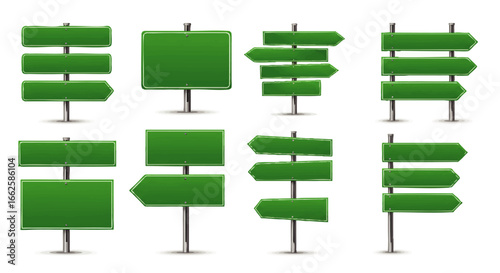 Vector collection of blank green road signs and arrow signposts for navigation and direction concepts