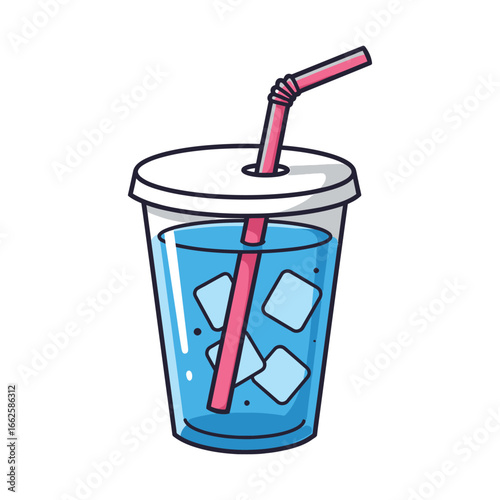 A refreshing blue drink with ice cubes and a straw in a plastic cup with a lid, perfect for a hot day