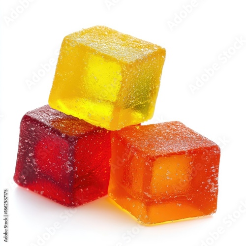 Three colorful, square, jelly candies stacked, showcasing red, yellow, and orange hues against a white background