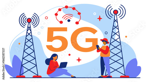 Flat vector illustration of 5G technology with glowing 5G text, towers, satellites, wireless signals, fast network, futuristic communication, and modern digital design