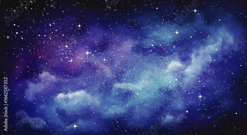 A beautiful abstract illustration of a vibrant cosmic nebula with glowing stars. Ethereal deep space background with interstellar gas clouds.