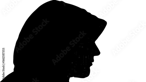 Silhouette of a person in a hoodie with internal circuitry visible against a white background design view
