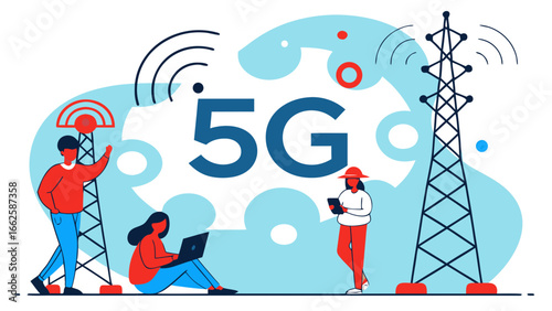 Flat vector illustration of 5G technology with glowing 5G text, towers, satellites, wireless signals, fast network, futuristic communication, and modern digital design