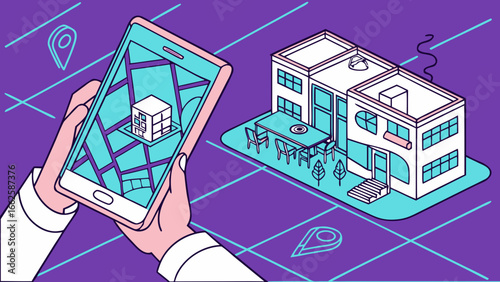 Flat vector illustration of augmented reality AR with person scanning 3D hologram objects on smartphone, futuristic overlay, digital apps, immersive innovation design