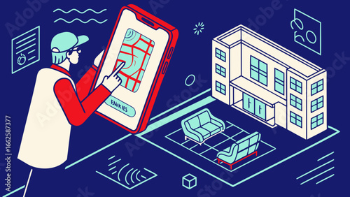 Flat vector illustration of augmented reality AR with person scanning 3D hologram objects on smartphone, futuristic overlay, digital apps, immersive innovation design