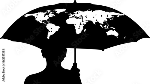 Silhouette of person holding umbrella with world map design covering it in black and white color scheme