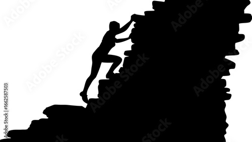 Silhouette of a climber ascending a rocky cliff face with determination and strength in black and white