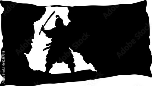 Silhouette of a warrior with sword in dark landscape with jagged edges and white background space