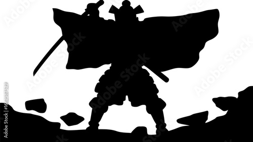 Silhouette of a samurai warrior with swords standing on rocky ground in a stark black and white scene