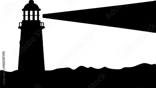 Silhouette of a lighthouse with a beam of light shining across the horizon on a white background view