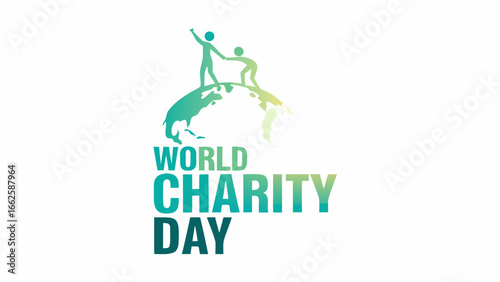 Illustration for world charity day featuring two figures on a globe helping each other out in green tones silhouette