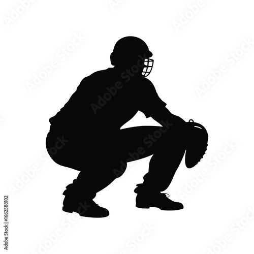 Baseball catcher in a crouched position as a black silhouette illustration, baseball catcher squatting silhouette vector illustration