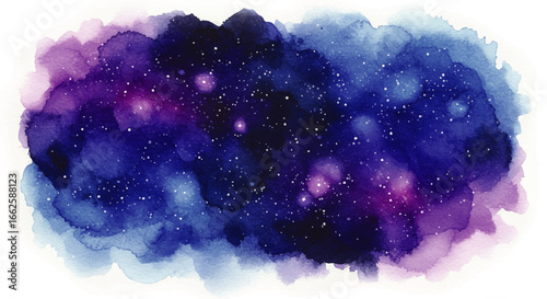 Vibrant watercolor galaxy with sparkling stars on a white background. Abstract cosmic nebula painting.