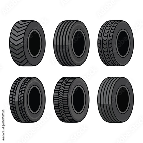 Six Different Car Tire Tread Patterns Isolated on White Background wheel vehicle