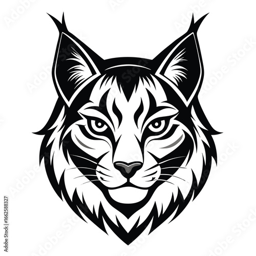 A wise and symmetrical logo of a lynx's face, on a solid and clean background