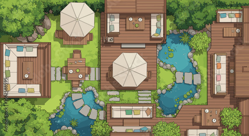 Stylish outdoor living space with modern patio furniture and tranquil water features overhead view