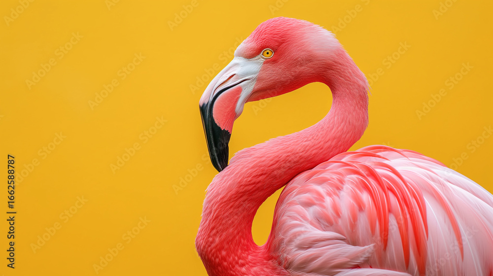 Fototapeta premium Flamingo rosa em um fundo amarelo vibrante