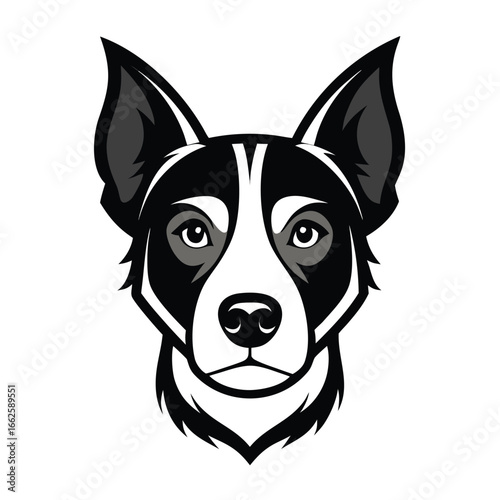 A gentle and symmetrical logo of a senior dog's head, on a solid background