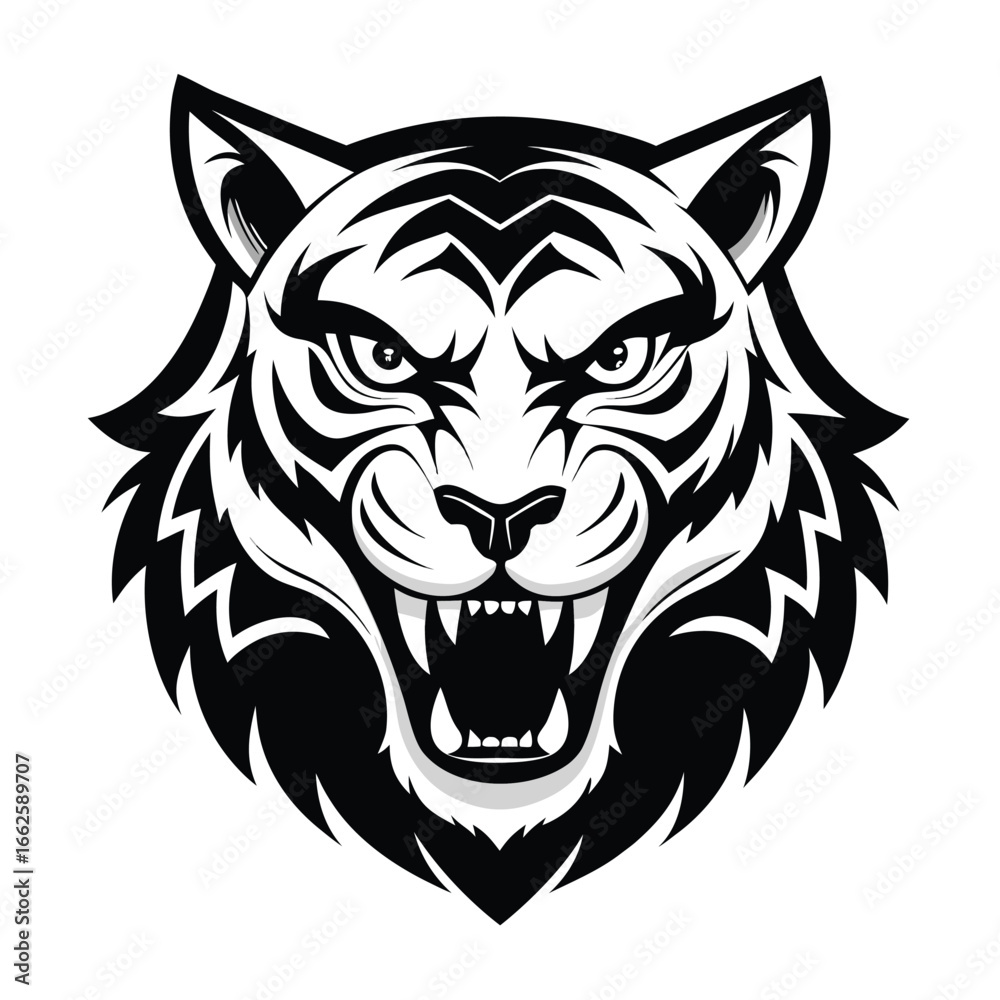 Fototapeta premium A powerful and symmetrical logo of a snarling tiger's face, on a clean background