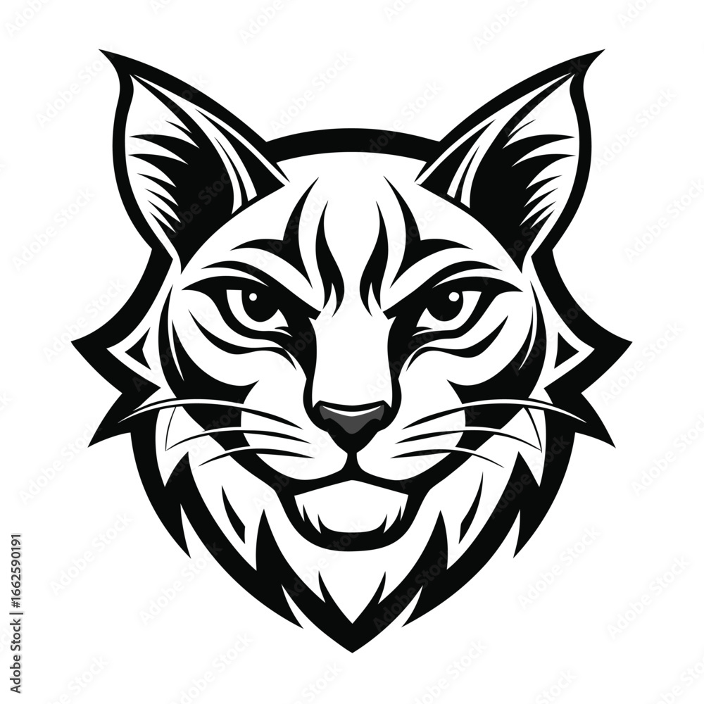 Fototapeta premium A symmetrical logo design featuring the focused and watching face of a wildcat